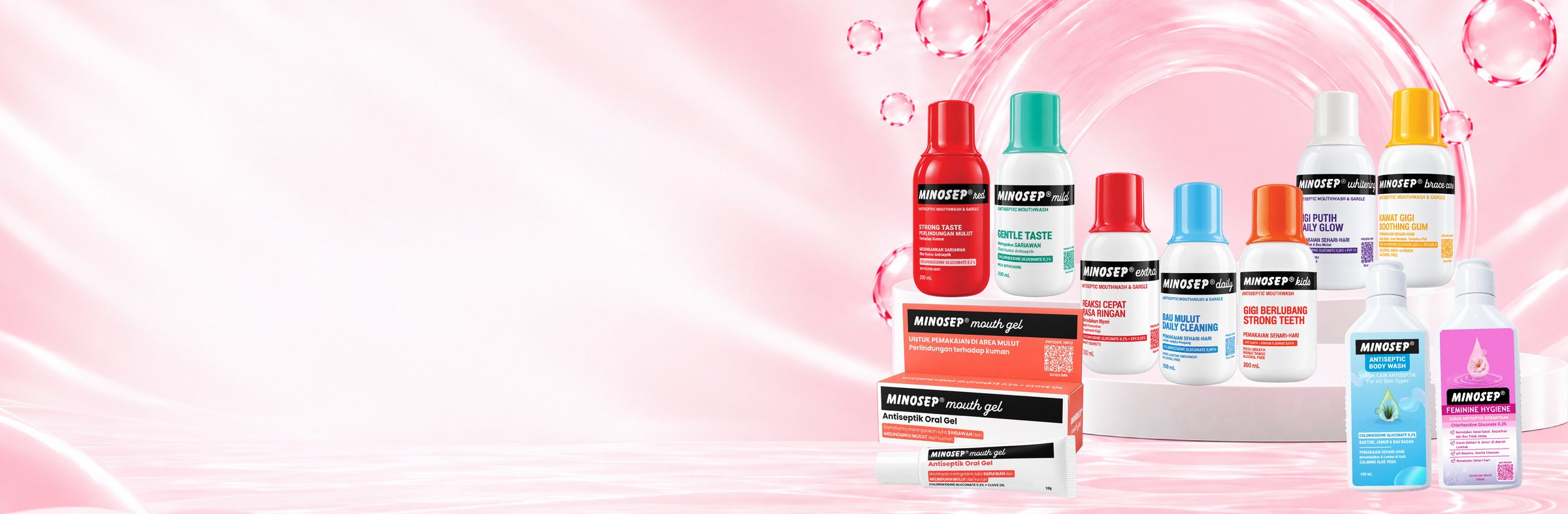 Rangkaian lengkap produk Minosep: mouthwash, mouth gel, body wash dan feminine hygiene