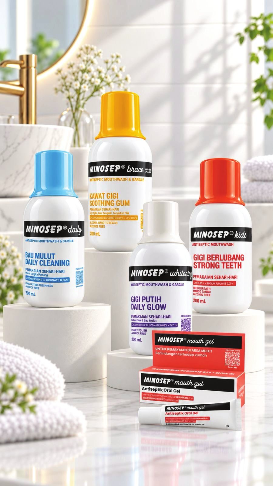 Rangkaian produk mouthwash dan mouth gel Minosep di kamar mandi