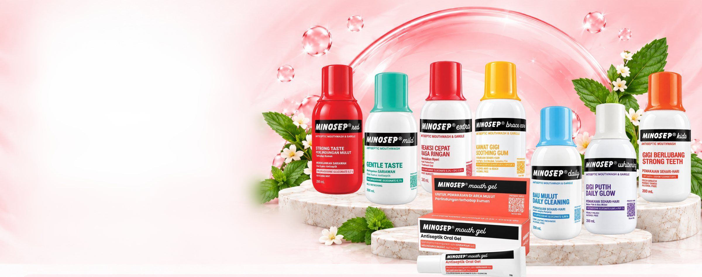 Rangkaian produk Minosep: Red, Mild, Extra, Brace Care, Daily, Whitening, Kids dan Mouth Gel